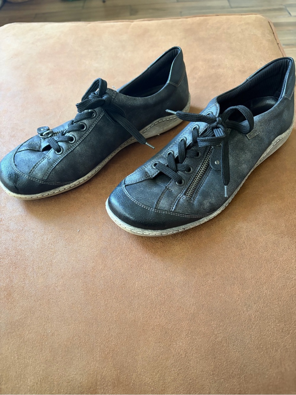 Remonte Black Leather Lace-Up Sneakers Side Zip Casual Comfort Shoes 9.5-10